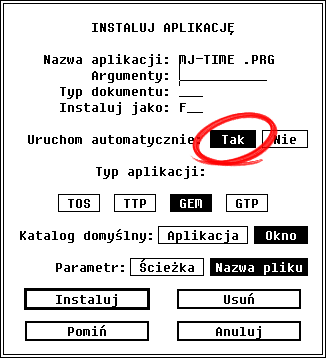 Zrzut ekranu: okno instalacji aplikacji w systemie EmuTOS. Zaznaczone jest pole Tak obok etykiety Uruchom automatycznie.
