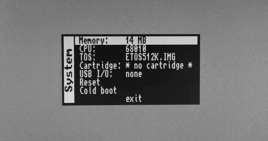 Menu MiST-a do konfiguracji parametrów rdzenia Atari ST, takich jak ilość pamięci RAM, procesor czy system TOS.